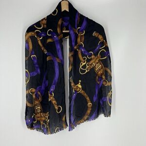 Lauren Ralph Lauren Silk Scarf 58x14" Black Purple Fringed Equestrian Bit Bridle
